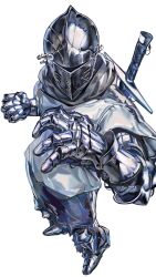 1other absurdres ambiguous_gender armor clenched_hand commentary facing_viewer full_armor full_body gauntlets helm helmet highres knight nameno92372763 original sabaton shirt simple_background standing sword weapon weapon_on_back white_background white_shirt