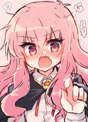 Rule 34 | !, !?, 1girl, angry, black cape, blush, cape, collared shirt, commentary, embarrassed, eyelashes, eyes visible through hair, full-face blush, hair between eyes, hand up, highres, long hair, long sleeves, looking at viewer, louise francoise le blanc de la valliere, open mouth, pink background, pink eyes, pink hair, shirt, sidelocks, simple background, solo, spoken blush, spoken exclamation mark, star (symbol), star print, straight-on, suzunone rena, sweat, trembling, upper body, wavy hair, wavy mouth, white shirt, zero no tsukaima