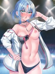 Rule 34 | 1girl, absurdres, black panties, blue eyes, blue hair, blush, breasts, cleft of venus, cowboy shot, highres, hiodoshi ao, hololive, hololive dev is, jacket, looking at viewer, medium breasts, navel, nipples, no bra, paid reward available, panties, regloss, seisui bar, short hair, solo, standing, underwear, virtual youtuber, white jacket