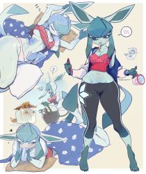 Rule 34 | 1girl, absurdres, animal ears, armpits, artist name, breasts, creatures (company), cup, drinking, eevee, furrification, furry, furry female, game freak, gen 1 pokemon, gen 4 pokemon, glaceon, heart, highres, holding, holding cup, hot, ice, looking at viewer, lying, medium breasts, midriff, mouth hold, musical note, navel, nintendo, on stomach, panties, pants, pillow, pokemon, pokemon (creature), spoken musical note, standing, striped clothes, striped panties, sweat, two-tone background, underboob, underwear, white background, white panties, yellow background, yoga pants, yuio58ok