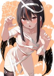 Rule 34 | 1girl, :o, absurdres, areola slip, bandaged leg, bandages, black hair, black thighhighs, blush, breasts, brown background, brown hair, claw pose, collarbone, commentary request, drawn wings, fang, groin, hair between eyes, halloween, hands up, highres, long hair, looking at viewer, medium breasts, memekko, multicolored hair, naked bandage, navel, open mouth, original, red eyes, silk, single thighhigh, solo, spider web, streaked hair, thighhighs, two-tone background, white background