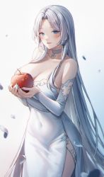 Rule 34 | 1girl, :d, absurdres, artist name, bad id, bad pixiv id, blue eyes, blush, breasts, choker, cleavage, commission, covered navel, cowboy shot, detached sleeves, dress, food, fruit, gradient background, highres, holding, holding food, holding fruit, large breasts, long hair, long sleeves, meoyo, open mouth, original, parted bangs, pelvic curtain, petals, silver hair, smile, solo, straight hair, strapless, strapless dress, very long hair, white background, white choker, white dress