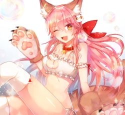 Rule 34 | 1girl, animal ear fluff, animal ears, animal hands, bad id, bad pixiv id, bell, bra, breasts, cat cutout, cat ear panties, cat hair ornament, cat lingerie, cat paws, choker, cleavage, cleavage cutout, clothing cutout, collar, fang, fate/grand order, fate (series), fox ears, fox tail, frilled bra, frills, gloves, hair ornament, hair ribbon, highres, jingle bell, large breasts, long hair, looking at viewer, meme attire, navel, neck bell, one eye closed, open mouth, panties, paw gloves, pink hair, red ribbon, ribbon, rit, side-tie panties, smile, solo, stomach, tail, tamamo (fate), tamamo cat (fate), thighs, underwear, underwear only, white bra, yellow eyes