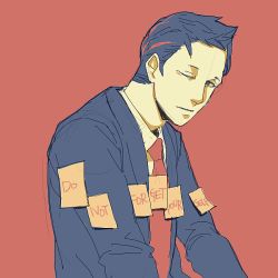 Rule 34 | 1boy, assa, english text, formal, male focus, necktie, one eye closed, red background, scp-909, scp foundation, simple background, solo, sticky note, suit, wink
