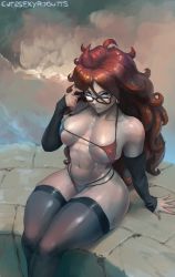 Rule 34 | 1girl, android 21, bikini, black thighhighs, blue eyes, breasts, covered erect nipples, curvy, cutesexyrobutts, dragon ball, dragon ball fighterz, dragonball z, earrings, glasses, highres, hoop earrings, jewelry, long hair, looking at viewer, medium breasts, navel, red bikini, red hair, sitting, solo, swimsuit, thick thighs, thighhighs, thighs, toned, wide hips