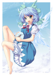 Rule 34 | 1girl, barefoot, beetle, bloomers, blue eyes, blue hair, bow, bug, cirno, dress, feet, female focus, floating, frown, frozen, full body, gradient background, hair bow, highres, ichio, insect, matching hair/eyes, neck ribbon, open mouth, outdoors, ribbon, shoot the bullet, short hair, sky, solo, touhou, underwear, white bloomers, wings