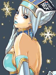 Rule 34 | 10s, 1girl, backless outfit, bare shoulders, blue eyes, blue hair, blue lips, blue rose (tiger &amp; bunny), earrings, elbow gloves, gloves, jewelry, karina lyle, lipstick, makeup, matching hair/eyes, product placement, short hair, snowflakes, solo, superhero costume, tegaki, tiger &amp; bunny, warai