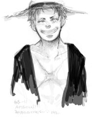 Rule 34 | 1boy, closed eyes, hat, long sleeves, male focus, monkey d. luffy, monochrome, one piece, open clothes, open shirt, scar, shirt, sketch, smile, solo, straw hat, tegaki, white background