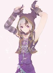 Rule 34 | 1girl, arm warmers, armpits, arms up, asymmetrical sleeves, bad id, bad twitter id, bandaged arm, bandages, character name, collarbone, fingerless gloves, flower (vocaloid), flower (vocaloid4), gloves, hands up, highres, holding hoodie, hood, hooded jacket, jacket, karanagare, looking at viewer, multicolored hair, nail polish, purple eyes, purple hair, shirt, short hair, sleeveless, sleeveless jacket, sleeveless shirt, sleeves past wrists, solo, streaked hair, uneven sleeves, upper body, vocaloid, white hair