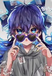 Rule 34 | 1girl, ?, absurdres, blue eyes, blue hair, bow, commentary, debt, glasses, gradient background, grey background, grey hoodie, hair between eyes, hair bow, heart, heart-shaped eyewear, highres, hood, hoodie, jewelry, long hair, looking at viewer, nail polish, open mouth, short sleeves, solo, sparkle, sparkling eyes, sunglasses, suzune hapinesu, sweatdrop, touhou, yorigami shion