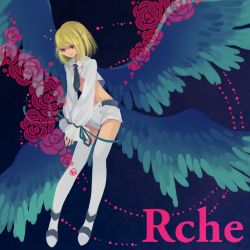 Rule 34 | 1boy, bad id, bad pixiv id, beatmania, beatmania iidx, blonde hair, bonne c, flower, male focus, midriff, multiple wings, pink eyes, rche (beatmania), red flower, red rose, rose, shoes, short hair, solo, thighhighs, trap, wings