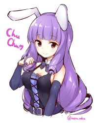 Rule 34 | 1girl, animal ears, belt, blunt bangs, bow, bowtie, breasts, character name, chuchu (show by rock!!), cleavage, closed mouth, detached collar, heart, long hair, looking at viewer, medium breasts, purple bow, purple eyes, purple hair, rabbit ears, rokushou kokuu, show by rock!!, simple background, smile, solo, twitter username, upper body, white background