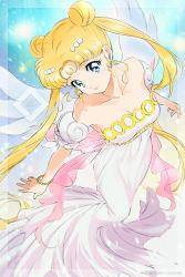 Rule 34 | 1girl, artist name, back bow, bare shoulders, bead bracelet, beads, bishoujo senshi sailor moon, blonde hair, blue eyes, border, bow, bracelet, breasts, cleavage, collarbone, commentary, crescent, crescent facial mark, detached sleeves, double bun, dress, english commentary, facial mark, forehead mark, hair bun, hair ornament, jewelry, kaze-hime, long dress, long hair, pink bow, princess serenity, puffy short sleeves, puffy sleeves, short sleeves, solo, strapless, strapless dress, translucent border, transparent border, tsukino usagi, twitter username, unfinished, very long hair, white dress, wings