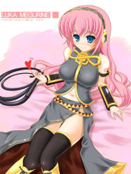 Rule 34 | 1girl, armband, bed, belt, black thighhighs, blue eyes, blush, boots, breasts, detached sleeves, from above, headphones, heart, impossible clothes, impossible shirt, katsuragi niya, knee boots, large breasts, long hair, megurine luka, midriff, navel, no panties, partially visible vulva, pink hair, pointing, shirt, sitting, skirt, sleeveless, sleeveless shirt, smile, solo, tattoo, thigh gap, thighhighs, vocaloid, whip, zettai ryouiki