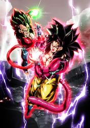 Rule 34 | aura, black hair, body fur, dougi, dragon ball, dragon ball gt, ego vegeta, energy ball, energy beam, final shine attack, highres, incoming attack, kamehameha (dragon ball), kamehameha 10x, monkey boy, monkey tail, multiple boys, muscular, muscular male, powering up, red fur, son goku, spiked hair, super saiyan, super saiyan 4, tail, vegeta