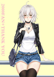 Rule 34 | 1girl, :o, absurdres, against railing, ahoge, bag, belt, black belt, black choker, black jacket, black thighhighs, blue shorts, blush, breasts, chain, choker, cleavage, collarbone, commentary request, contemporary, cowboy shot, cropped jacket, denim, denim shorts, fate/grand order, fate (series), grey hair, hair between eyes, hand on own chest, hand up, handbag, highres, jacket, jeanne d&#039;arc (fate), jeanne d&#039;arc alter (avenger) (fate), jeanne d&#039;arc alter (fate), jewelry, large breasts, long sleeves, looking away, medium hair, necklace, open clothes, open jacket, railing, shiny skin, shirt, shirt tucked in, short shorts, shorts, simple background, solo, standing, thank you, thigh gap, thighhighs, white shirt, xiao gen, yellow background, yellow eyes