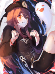 Rule 34 | 1girl, anatom orange, bad id, bad pixiv id, black coat, black hat, black nails, black shorts, blush, brown hair, coat, collared shirt, commentary, eyebrows hidden by hair, floating, flower-shaped pupils, genshin impact, ghost, hair between eyes, hat, hat ornament, hu tao (genshin impact), jewelry, long hair, long sleeves, looking at viewer, multicolored background, multiple rings, nail polish, porkpie hat, red eyes, red shirt, ring, shirt, shorts, sidelocks, smile, solo, symbol-only commentary, symbol-shaped pupils, teeth, wide sleeves, wristband