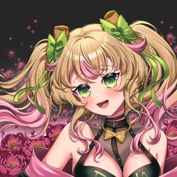 Rule 34 | 1girl, between breasts, black background, black choker, black jacket, black straps, black top, blonde hair, blush, bow, bowtie pasta, bralette, breasts, choker, cleavage, commentary request, crop top, double ponytail, falling petals, field, flower, flower field, food, green bow, green eyes, green ribbon, hair ornament, head tilt, highres, horns, indie virtual youtuber, jacket, jewelry, long hair, looking at viewer, medium breasts, multicolored clothes, multicolored hair, multicolored jacket, necklace, noodles, off shoulder, open mouth, particles, pasta, pastaroniravioli, petals, pink hair, pink jacket, ponytail, raised eyebrows, ribbon, sleeveless, smile, solo, strap, strap between breasts, tagme, teeth, two-tone hair, upper teeth only, virtual youtuber