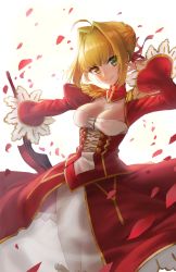 Rule 34 | 10s, 1girl, ahoge, arm up, athenawyrm, blonde hair, breasts, cleavage, cleavage cutout, closed eyes, clothing cutout, commentary, cowboy shot, dress, fate/extra, fate (series), green eyes, hair intakes, hair ribbon, head tilt, holding, holding sword, holding weapon, juliet sleeves, long sleeves, looking at viewer, medium breasts, nero claudius (fate), nero claudius (fate) (all), nero claudius (fate/extra), outstretched arm, panties, pantyshot, petals, puffy sleeves, red dress, red ribbon, ribbon, rose petals, see-through, short hair, sidelocks, simple background, solo, standing, sword, underwear, unsheathed, weapon, white background, white panties