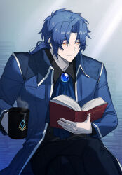 Rule 34 | 1boy, ascot, blue ascot, blue coat, blue gemstone, blue hair, blue pants, blue theme, book, chesed (project moon), closed mouth, coat, collared shirt, cup, gem, highres, holding, holding book, holding cup, jyanjyan, library of ruina, long hair, low ponytail, male focus, mug, pants, parted bangs, project moon, reading, shirt, smile, solo, steam, yellow eyes