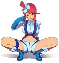 Rule 34 | 1girl, blue eyes, blue footwear, blue gloves, blue shirt, blue shorts, boots, breasts, creatures (company), cropped shirt, elbow gloves, game freak, gloves, gym leader, highres, knee boots, large breasts, leaning back, long hair, long sleeves, looking at viewer, midriff, navel, nintendo, open mouth, pokemon, pokemon bw, red hair, shinomu (cinomoon), shirt, shorts, sidelocks, simple background, skyla (pokemon), smile, solo, spread legs, swept bangs, topknot, v, white background
