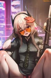 Rule 34 | 1girl, assault rifle, aviator sunglasses, blonde hair, breasts, cameltoe, collared shirt, corrupted twitter file, dgkamikaze, diagonal-striped clothes, diagonal-striped necktie, english text, girls&#039; frontline, gun, highres, holding, holding gun, holding weapon, long hair, looking at viewer, m4 sopmod ii (girls&#039; frontline), multicolored hair, multicolored necktie, necktie, one eye closed, open mouth, panties, red eyes, red hair, red panties, rifle, shirt, smile, solo, spread legs, streaked hair, striped clothes, striped necktie, sunglasses, twitter username, underwear, weapon