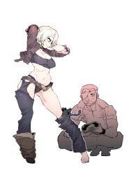 Rule 34 | 1boy, 1girl, angel (kof), arms behind head, barefoot, belt, blonde hair, blush, bra, breasts, brown jacket, character request, cleavage, closed mouth, contrapposto, copyright request, cropped jacket, detached pants, grey bra, grey eyes, grey panties, hands up, highres, jacket, large breasts, leather, leather jacket, navel, open clothes, open jacket, panties, shoes, short hair, simple background, single shoe, smile, snk heroines: tag team frenzy, squatting, ssambatea, sweatdrop, toenails, underwear, white background