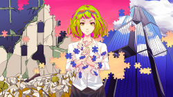 Rule 34 | 1girl, black skirt, blue sky, building, cloud, collarbone, cowboy shot, disintegration, dress shirt, goggles, goggles on head, green eyes, green hair, gumi, hand on own chest, highres, ktdch, puzzle, puzzle piece, rubble, ruins, shirt, skirt, sky, skyscraper, solo, twilight, vocaloid, white shirt