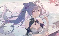Rule 34 | 1girl, absurdres, bare shoulders, bow, breasts, cleavage, cleavage cutout, clothing cutout, cloud, commentary request, cone hair bun, detached sleeves, dress, flower, genshin impact, grey hair, hair bow, hair bun, hand up, highres, keqing (genshin impact), long hair, looking at viewer, medium breasts, neck tassel, ocean, outdoors, parted lips, purple bow, purple dress, purple eyes, signature, sleeves past elbows, solo, twintails, two-tone dress, upper body, white dress, white flower, white sleeves, yutou (yutou75)