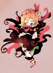 Rule 34 | 1girl, ascot, black vest, blonde hair, bow, brown background, closed eyes, darkness, full body, hair bow, hair ribbon, mokumoku22, open mouth, red ascot, red bow, red eyes, ribbon, rumia, sharp teeth, short hair, skirt, skirt set, solo, teeth, touhou, upper teeth only, vest