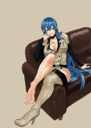 Rule 34 | 10s, 1girl, absurdres, akame ga kill!, atama c, bad id, bad pixiv id, barefoot, blue eyes, blue hair, boots, breasts, choker, cleavage, esdeath, finger to mouth, high heel boots, high heels, highres, large breasts, long hair, matching hair/eyes, military, military uniform, nail polish, panties, pantyshot, shoes, single shoe, sitting, solo, thigh boots, thighhighs, toes, underwear, uniform, very long hair, white panties