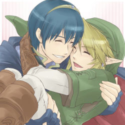 Rule 34 | 2boys, blonde hair, blue hair, blue shirt, carrying, crossover, earrings, fingerless gloves, fire emblem, gloves, green shirt, hat, hug, jewelry, link, lowres, male focus, marth (fire emblem), multiple boys, nintendo, pointy ears, princess carry, shirt, smile, the legend of zelda, yaoi
