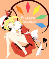 Rule 34 | 1girl, absurdres, bad id, bad pixiv id, bare legs, barefoot, blonde hair, blue eyes, demon tail, female focus, flandre scarlet, hat, highres, hotto kan, ichi-jirushi, laevatein, red eyes, side ponytail, skirt, solo, tail, embodiment of scarlet devil, touhou, wings