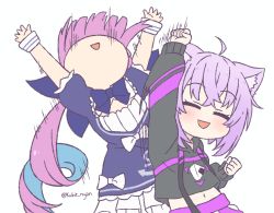 Rule 34 | 2girls, ahoge, animal ears, aqua hair, arms up, black hoodie, blue bow, blue bowtie, blue dress, bow, bowtie, braid, cat ears, cat tail, chibi, closed eyes, colored inner hair, dress, head back, hololive, hood, hoodie, kukie-nyan, light purple hair, long hair, midriff, minato aqua, minato aqua (1st costume), motion lines, multicolored hair, multiple girls, navel, nekomata okayu, nekomata okayu (1st costume), onigiri print, open mouth, pants, purple hair, short hair, simple background, smile, streaked hair, tail, triangle mouth, twin braids, twintails, twitter username, two-tone hair, uppercut, virtual youtuber, white background, white pants, wrist cuffs