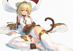 Rule 34 | 1girl, andira (granblue fantasy), animal ears, barefoot, blonde hair, breasts, detached leggings, detached sleeves, erune, granblue fantasy, hagoromo, hair between eyes, hairband, leotard, lying, monkey ears, monkey tail, shawl, small breasts, smile, solo, tail, two side up, wasabi60, white background, white legwear, wide sleeves