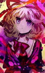 Rule 34 | 1girl, blonde hair, blue eyes, bow, bowtie, collared dress, commentary, dress, frilled shirt collar, frills, frown, hair ribbon, head tilt, ichirugi, medicine melancholy, puffy short sleeves, puffy sleeves, red bow, red dress, red ribbon, ribbon, short hair, short sleeves, solo, touhou, upper body, wavy hair
