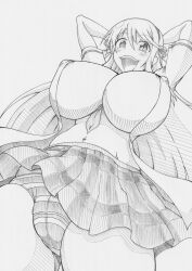 1girl breasts greyscale highres huge_breasts jin_homuhomu katsuragi_(senran_kagura) long_hair monochrome navel panties senran_kagura senran_kagura_shoujo-tachi_no_shin&#039;ei skirt smile solo standing stomach underwear very_long_hair