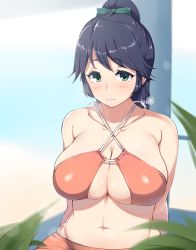 Rule 34 | 10s, 1girl, beach, bikini, black hair, blush, breasts, cleavage, collarbone, curvy, female focus, gradient background, green eyes, hair ribbon, highres, houshou (kancolle), kantai collection, large breasts, long hair, looking at viewer, moisture (chichi), navel, plump, ponytail, ribbon, sitting, smile, solo, stomach, swimsuit, upper body