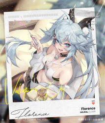 Rule 34 | 1girl, ahoge, bare shoulders, bell, black choker, blue eyes, blue hair, box, breasts, character name, choker, copyright name, fang, florence (drugged chocolate) (neural cloud), florence (neural cloud), from above, gift, gift box, girls&#039; frontline, girls&#039; frontline neural cloud, hair ornament, heart, heart-shaped pupils, highres, holding, holding syringe, jacket, looking at viewer, medium breasts, messy hair, navel, neck bell, off shoulder, official alternate costume, official art, open clothes, open jacket, open mouth, pa-15 (girls&#039; frontline), polaroid, shanyao jiang tororo, skin fang, skirt, smile, solo, symbol-shaped pupils, syringe, thighhighs, twintails, valentine, white jacket, zettai ryouiki