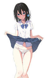 Rule 34 | 1girl, absurdres, black hair, blue bow, blue eyes, blue skirt, blush, bow, bow panties, cac itinose, collared shirt, commentary request, crotch seam, diagonal-striped bow, dress shirt, feet out of frame, gluteal fold, groin, hair between eyes, highres, lifting own clothes, long hair, looking at viewer, navel, original, panties, parted lips, pleated skirt, see-through, shirt, simple background, skirt, smile, solo, standing, thigh gap, underwear, wet, wet clothes, wet panties, wet shirt, white background, white panties, white shirt