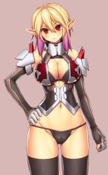 Rule 34 | 1girl, absurdres, armor, asamura hiori, asymmetrical gloves, bare shoulders, bikini, bikini armor, bikini bottom only, black bikini, black gloves, blonde hair, blush, breasts, cameltoe, choker, cleavage, cleavage cutout, clothing cutout, dark falz apprentice, elbow gloves, euclita (pso2), expressionless, gloves, gradient hair, groin, hair between eyes, head tilt, highres, large breasts, looking at viewer, midriff, mismatched gloves, multicolored hair, navel, partially fingerless gloves, phantasy star, phantasy star online 2, pink hair, pointy ears, red eyes, sidelocks, skindentation, solo, standing, stomach, swimsuit, two-tone hair