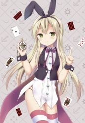 Rule 34 | 10s, 1girl, alice in wonderland, blonde hair, card, cosplay, green eyes, hairband, kantai collection, long hair, playing card, shimakaze (kancolle), smile, solo, striped clothes, striped thighhighs, thighhighs, vest, watch, white rabbit (alice in wonderland), white rabbit (cosplay), yoshikita popuri