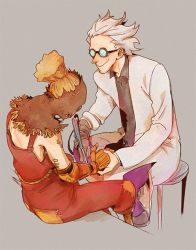 Rule 34 | 2boys, alternate costume, bad id, bad twitter id, bare shoulders, bespectacled, black-framed eyewear, blonde hair, chair, closed mouth, dr. junkenstein, dr junkenstein (overwatch), dual persona, facial hair, glasses, hayseed junkrat, junkrat (overwatch), lab coat, long sleeves, mask, mechanical arms, multiple boys, official alternate costume, overalls, overwatch, overwatch 1, pants, patch, peg leg, ponytail, shirt, simple background, single mechanical arm, sitting, sleeveless, smile, stitches, suspenders, white hair