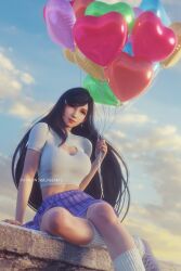 Rule 34 | 1girl, 3d, absurdres, artist name, balloon, black hair, blue sky, breasts, casual, cleavage cutout, closed mouth, clothing cutout, cloud, cloudy sky, crop top, day, earrings, final fantasy, final fantasy vii, final fantasy vii remake, hair ornament, hairclip, heart balloon, highres, holding, holding balloon, jewelry, large breasts, long hair, looking at viewer, outdoors, purple footwear, purple skirt, red eyes, red lips, ria-neearts, shirt, short sleeves, single earring, single sidelock, sitting, skirt, sky, smile, socks, solo, square enix, swept bangs, teardrop earring, tifa lockhart, watermark, white shirt, white socks