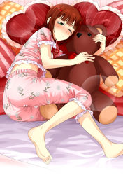 Rule 34 | 1girl, ;), amami haruka, ass, barefoot, bed sheet, blunt bangs, blush, brown hair, closed mouth, hugging doll, feet, floral print, frilled pillow, frills, from side, green eyes, hair ornament, hairclip, half-closed eyes, heart, heart-shaped pillow, highres, idolmaster, idolmaster (classic), lens flare, looking at viewer, lying, midriff, nose blush, hugging object, on side, one eye closed, pajamas, pillow, revision, ribbon, short hair, sleepwear, sleepy, smile, soles, solo, stuffed animal, stuffed toy, teddy bear, tsurui
