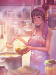 Rule 34 | 1girl, apron, blender (object), bowl, breasts, brown eyes, brown hair, cooking, dishes, food, hachifuku, hair bun, hairband, head scarf, highres, holding, holding bowl, housewife, indoors, jar, kitchen, ladle, large breasts, light particles, light smile, long sleeves, microwave, mole, mole under eye, nabe, naked apron, original, pot, ribbed sweater, shelf, short hair, single hair bun, smile, solo, spatula, sunlight, sweater
