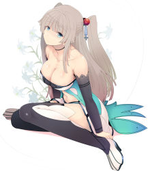 Rule 34 | 1girl, bare shoulders, black thighhighs, blue eyes, blunt bangs, breasts, choker, cleavage, collarbone, detached sleeves, floral background, grey hair, hair ornament, hime cut, large breasts, long hair, looking at viewer, multicolored clothes, multicolored legwear, navel, original, sitting, smile, solo, sts, thighhighs, twintails, two side up, white thighhighs, yokozuwari