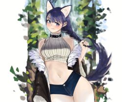 Rule 34 | 1girl, animal ears, azelweien, bare shoulders, black jacket, black nails, blue eyes, blue hair, blush, bra, braid, breasts, cat ears, cat girl, cat tail, collar, denim, fur trim, highres, jacket, large breasts, licking lips, long hair, looking at viewer, nail polish, navel, original, shorts, single braid, solo, tail, tongue, tongue out, traditional media, underwear