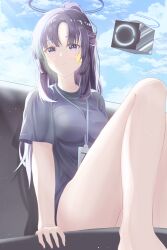 Rule 34 | 1girl, absurdres, bare legs, black shirt, blue archive, blue sky, blush, cube, halo, highres, id card, junsick, long hair, looking at viewer, purple hair, shirt, sitting, sky, solo, star (symbol), twitter, yuuka (blue archive), yuuka (track) (blue archive)