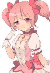 Rule 34 | 10s, 1girl, bad id, bad pixiv id, bow, choker, gloves, kaname madoka, looking at viewer, magical girl, mahou shoujo madoka magica, mahou shoujo madoka magica (anime), pink eyes, pink hair, short hair, smile, solo, transparent background, uttao, white background, white gloves